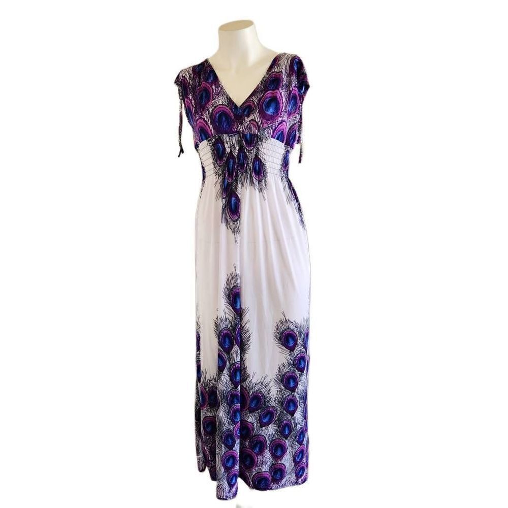Hots wing women's maxi peacock feather full length summer dress white purple NWT